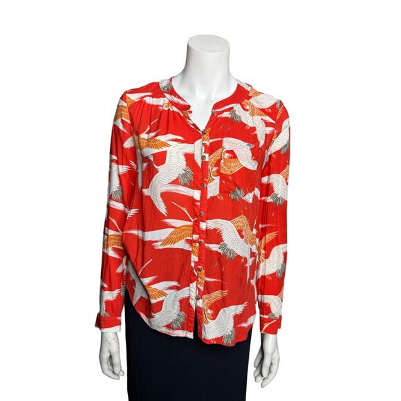 Conversations by Anthropologie 29 of 52 Blouse Women's 2 Crane Print Red Orange - Picture 5 of 5